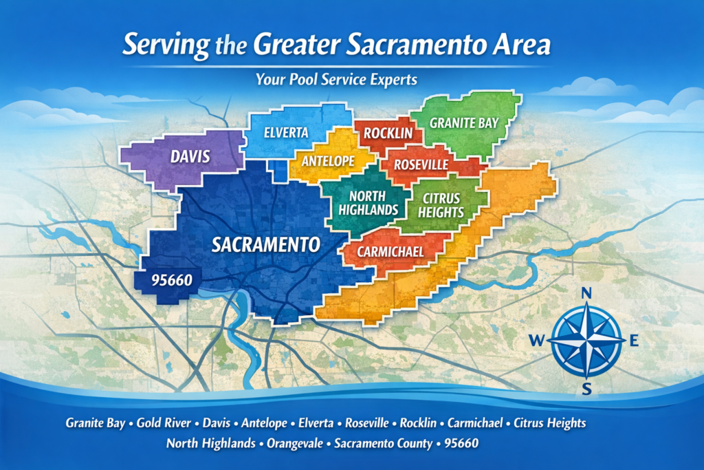 map outlining service areas including Granite Bay Gold River Davis Antelope Elverta Sacramento County Rocklin Roseville Carmichael Citrus Heights North Highlands Orangevale